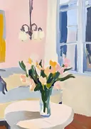Schilderij van een bloemenvaas in een lichte kamer