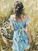 Schilderij van een vrouw in blauwe jurk die bloemen plukt in een veld.