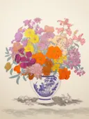 Stilleven van een kleurrijk bloemenboeket in een blauw-wit porseleinen kan.