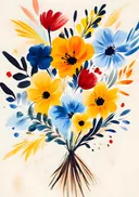 Schilderij van een bloemenboeket in primaire kleuren