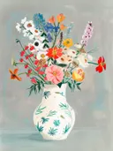 Stilleven schilderij van bloemenboeket in witte kan