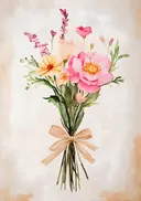 Aquarel van bloemenboeket met jute strik