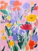 Expressief geschilderd boeket met oranje, gele, paarse en rode bloemen.