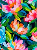 Bloemenboeket schilderij op zwarte achtergrond, kleurrijke expressieve bloemen