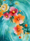 Aquarel bloemenboeket in roze, geel en oranje tegen een wervelende turquoise achtergrond