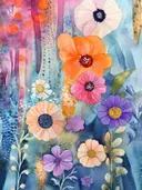 Mixed-media bloemencollage met roze, oranje en paarse bloemen op een donkerblauwe achtergrond