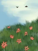 Illustratie van een grasheuvel met roze bloemen en twee vliegende vogels.