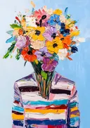 Surrealistisch schilderij van een persoon met bloemen als hoofd