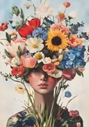 Surrealistisch bloemenportret met tulpen en zonnebloemen