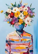Surrealistisch schilderij van een figuur met een bloemenboeket als hoofd