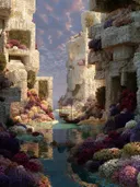 Kunstwerk van een wit stenen kanaal overdekt met roze en paarse bloemen, met bootjes op het water