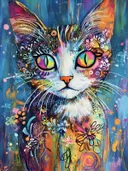 Kat met kleurrijke ogen en bloemen op de vacht tegen een blauwe achtergrond