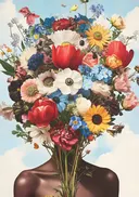 Surrealistisch schilderij van een figuur met bloemen als hoofd
