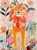 Illustratie van een leeuw met bloemrijke manen omringd door roze en oranje bloemen.