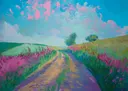 Landschapsschilderij van een pad tussen roze bloemen en groene glooiende heuvels