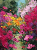 Botanisch schilderij van een bloemenpad met roze en gele bloemen