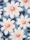 Decoratief bloemenpatroon met crèmekleurige bloemen en marineblauwe bladeren op een blauwe achtergrond.