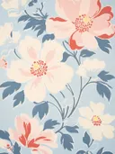 Bloemenpatroon met roze, rode en blauwe bloemen op lichtblauwe achtergrond.