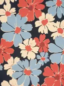 Bold bloemenpatroon met rode, crèmekleurige en blauwe bloemen op donkerblauwe achtergrond.