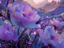 Schilderij van paarse lichtgevende bloemen in een lavendeldal