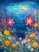 Schilderij van roze bloemen en een kleurrijke bloemenrand voor een donkerblauw waterlandschap