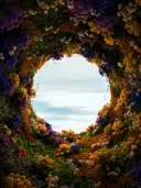 Ronde tunnel van kleurrijke bloemen met uitzicht op zee en lucht