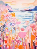 Landschap met een meer, bergen op de achtergrond en kleurrijke bloemen op de voorgrond.
