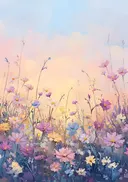 Bloemenveld met gouden gloed bij zonsondergang, schilderij van een bloemenveld bij zonsondergang
