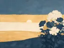 Schilderij van bloemenveld bij zonsondergang in grijsblauw en abrikoos, in vlakke kleurvlakken