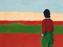 Horizontale banden in hemelblauw en klaproosrood, schilderij
