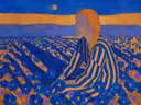 Schilderij van bloemenveld bij zonsondergang in kobalt en saffraan