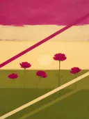 Schilderij van bloemenveld bij zonsondergang in magenta en olijfgroen