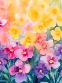 Aquarel schilderij van een dicht bloemenveld in geel, roze en paars