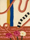Schilderij van bloemenveld in banen in terracotta en roze, in vlakke kleurvlakken