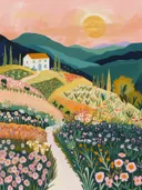 Illustratie van een bloemenveld met pad naar een huisje bij zonsondergang, kinderkamer schilderij