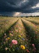 Landschapsfoto van bloemenvelden bij de dreigende onweerslucht, met een paar koeien