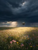 Landschapsfoto van bloemenvelden bij de dreigende onweerslucht, met ooievaars in hun nest