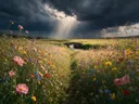 Landschapsfoto van bloemenvelden bij de dreigende onweerslucht, met een stenen bruggetje