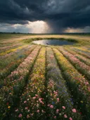 Landschapsfoto van bloemenvelden bij de dreigende onweerslucht, met een reiger