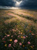 Landschapsfoto van bloemenvelden bij de dreigende onweerslucht