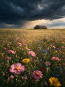 Landschapsfoto van bloemenvelden bij de dreigende onweerslucht, met een verweerde schuur aan de rand van het veld