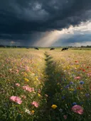 Landschapsfoto van bloemenvelden bij de dreigende onweerslucht, met een paar koeien