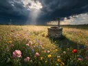 Landschapsfoto van bloemenvelden bij de dreigende onweerslucht, met een oude waterput