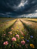 Landschapsfoto van bloemenvelden bij de dreigende onweerslucht, met een kerktoren die boven de bomen uitsteekt