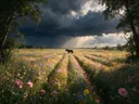 Landschapsfoto van bloemenvelden bij de dreigende onweerslucht, met een eenzaam paard