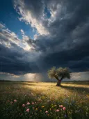 Landschapsfoto van bloemenvelden bij de dreigende onweerslucht, met een oude olijfboom