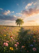 Landschapsfoto van bloemenvelden bij het gouden uur, met een treurwilg