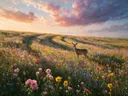 Landschapsfoto van bloemenvelden bij het gouden uur, met een hert