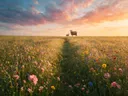 Landschapsfoto van bloemenvelden bij het gouden uur, met een ooi met haar lammetje