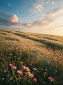 Landschapsfoto van bloemenvelden bij het gouden uur, met een zwerm vogels